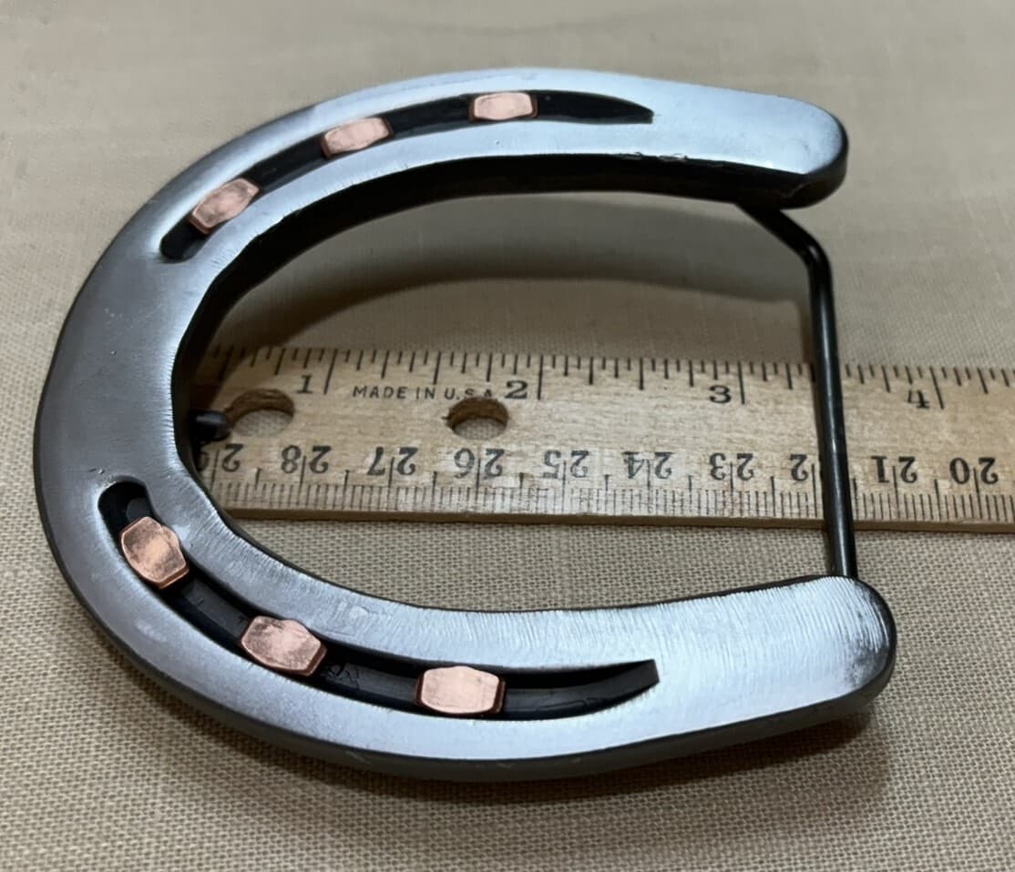 Western Style Cowboy-Cowgirl Rodeo 2” Belt Buckle Steel Horseshoe, Copper Nails 5