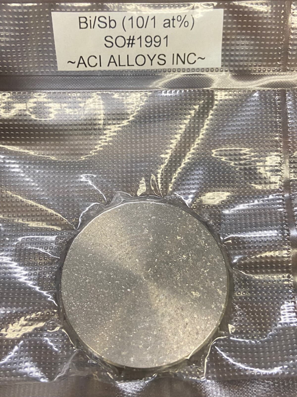 Bi/Sb sputter target, 10:1 atomic, 99.99% pure, 2" diameter x 0.25" thick