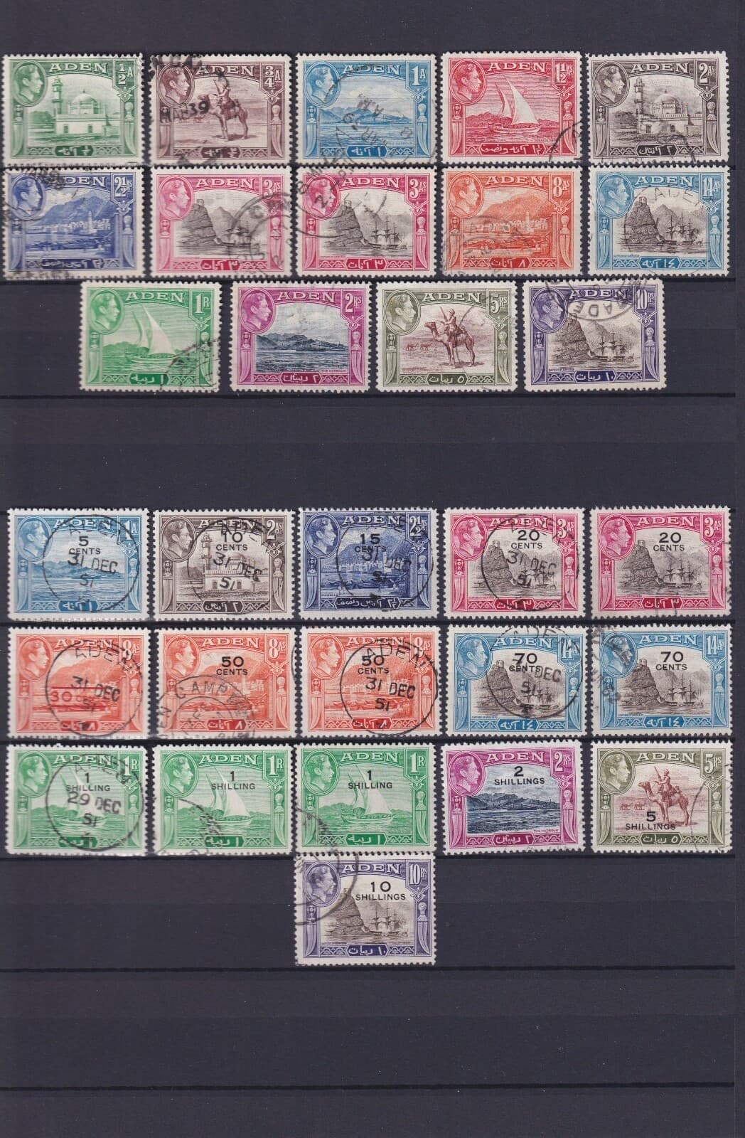 ADEN. 1939, 1951. TWO COMPLETE SETS, SG 16-27, 36-46 USED, FINE