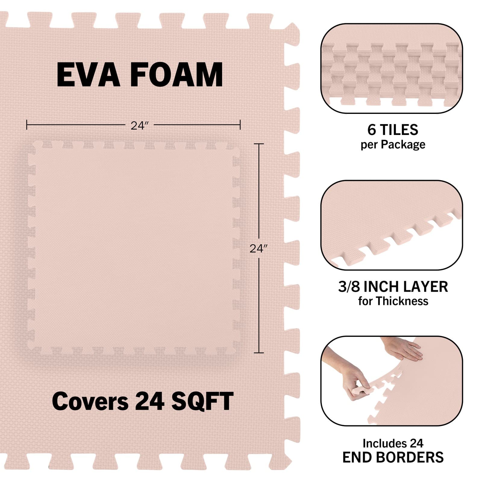 Foam Floor Tiles 24sqft Soft Nontoxic Baby Play Mat Foam Puzzle Mat, Light Pink 3