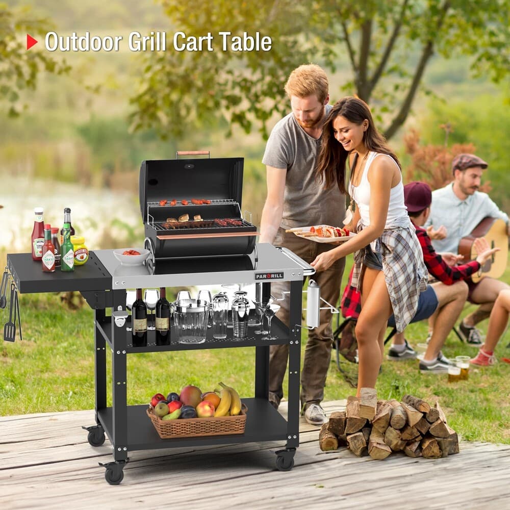 PARGRILL Three-Shelf Outdoor Grill Table 46.6"x 20" 4 Swivel Casters with Brakes 6