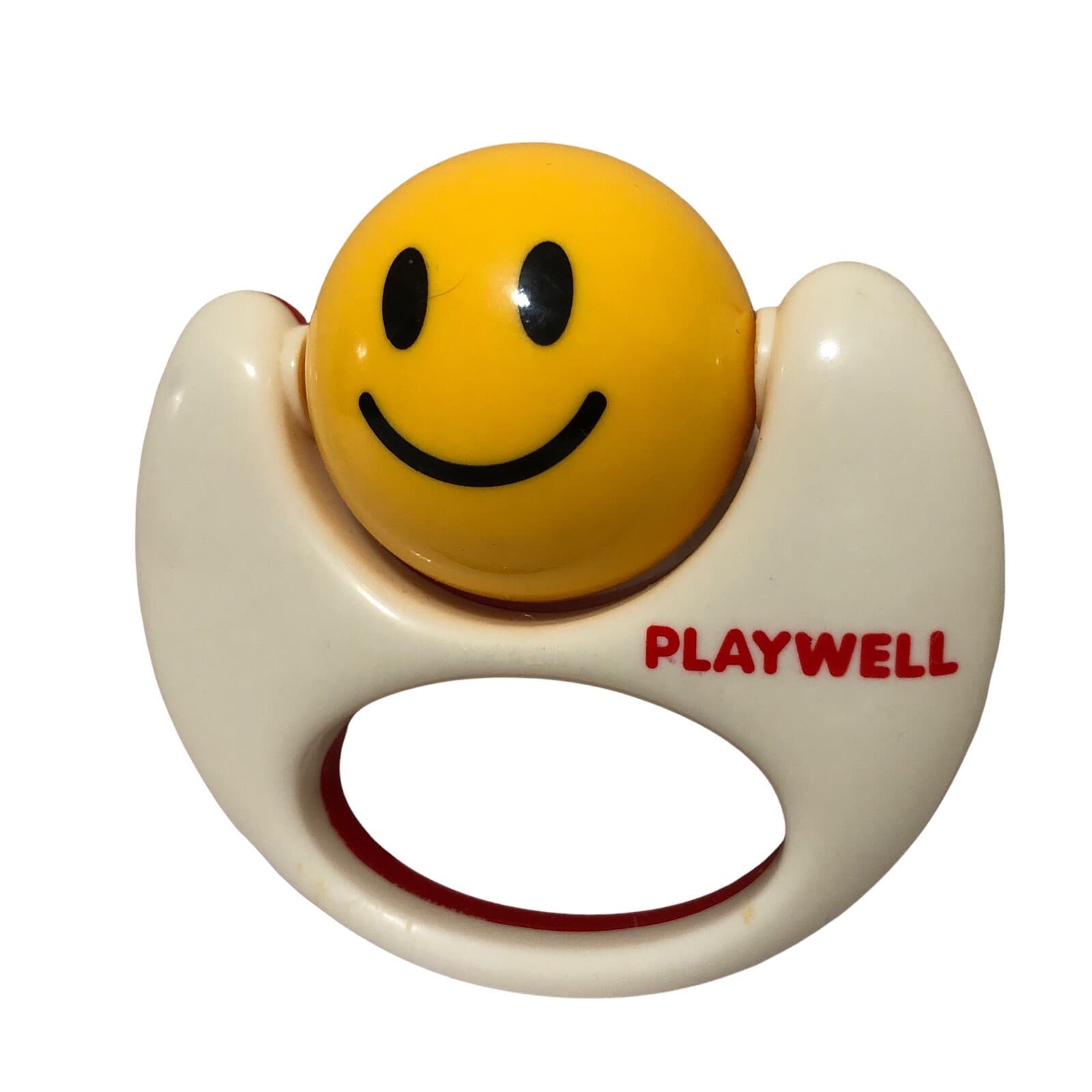Vintage Playwell Smiley Face Smile Rattle Teether Yellow White Red Baby Rare 3