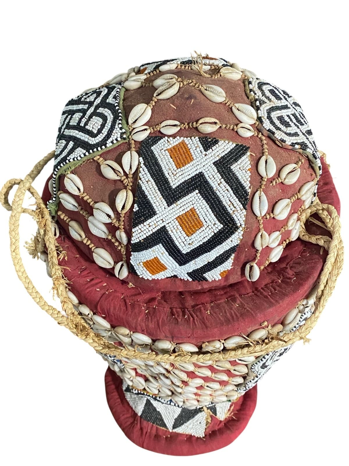 #1122 Vintage Large Kuba Royal Beaded Basket Congo 22" H 4