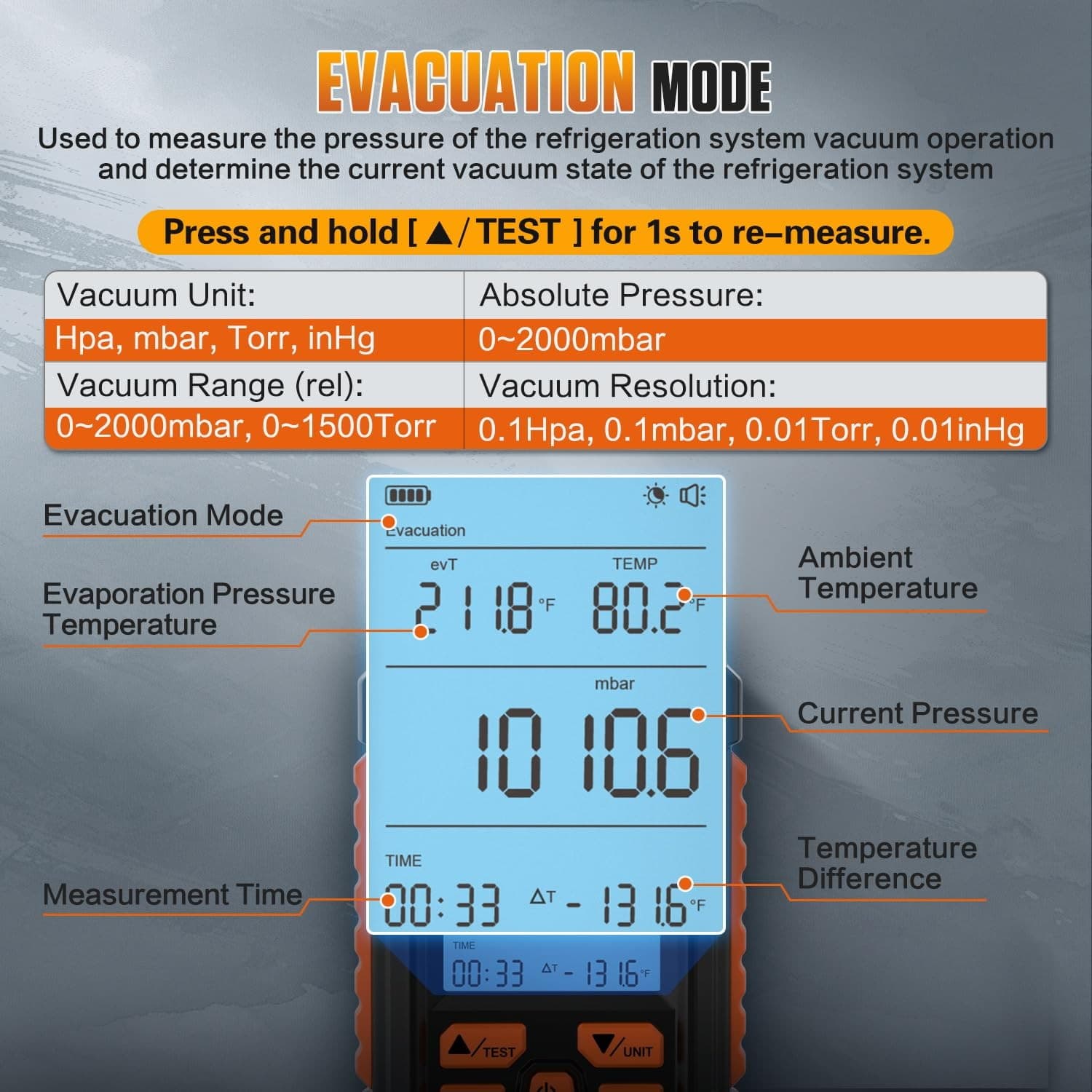 Digital Vacuum Gauge HVAC Vacuum Meter Pressure Leak Tester 0-2000 mbar Range 3