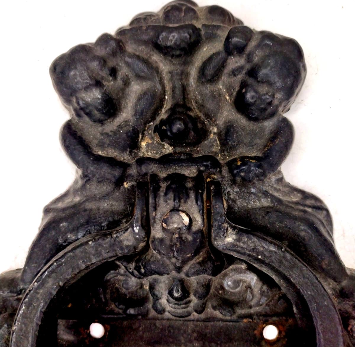 Large Vintage Cast Iron Door Knocker Gothic Cherub Architecture Classic w Screws 5