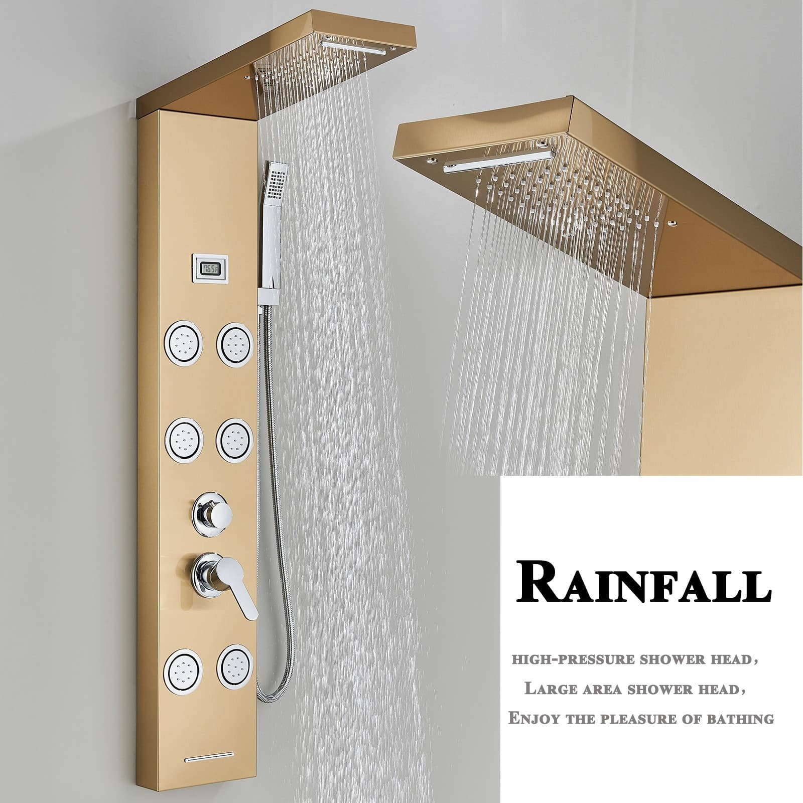 Brushed Gold Rain Waterfall Shower Panel Tower System Body Massage Jets Faucet 2