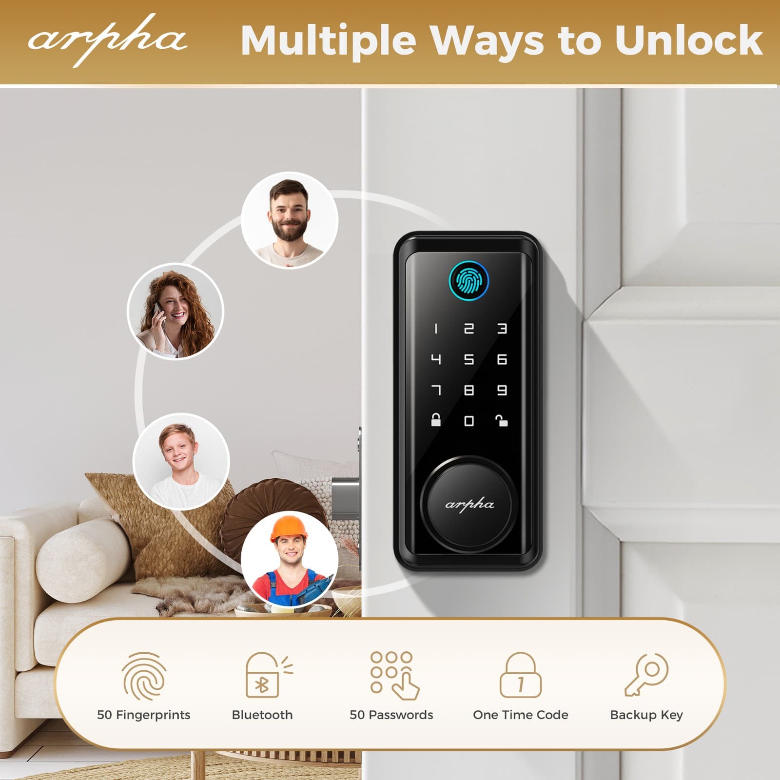 ARPHA Keyless Entry Smart Door Lock Fingerprint Electronic Keypad App Control 3