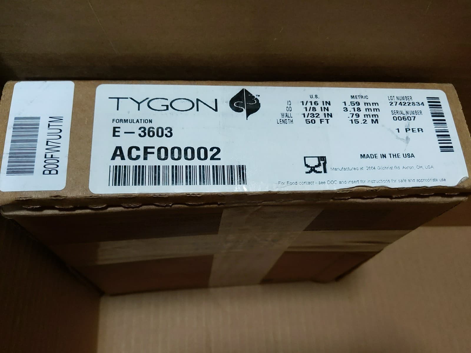 Tygon S3 E-3603 Tubing ACF00002  1/8" OD x 1/16" ID x 1/32" Wall x 50 Feet #J9
