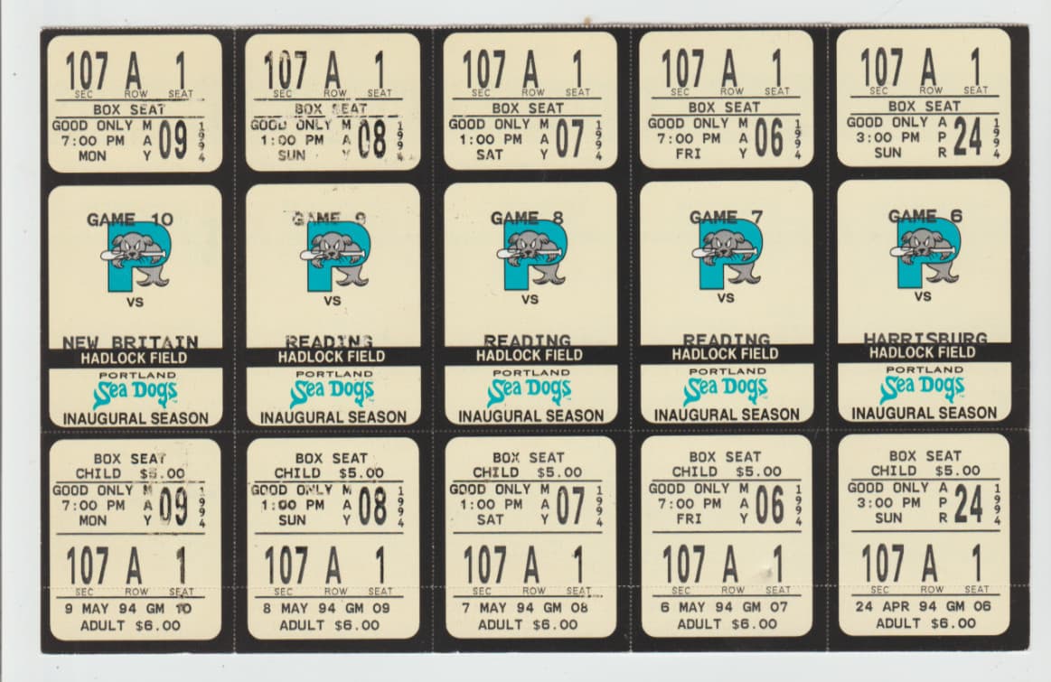 1994 Portland Maine Seadogs Baseball Inaugural Season Tickets x5 Games 6-10