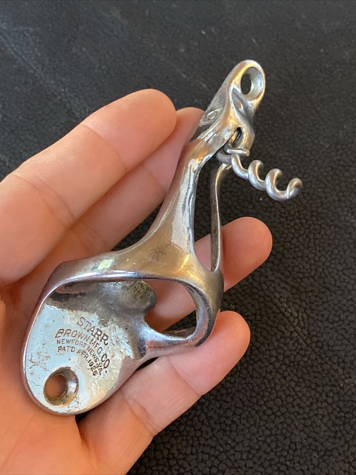 Starr Brown Mfg Co Pat Apr 1925 Wall Hang Bottle Opener Corkscrew Barware Chrome 4