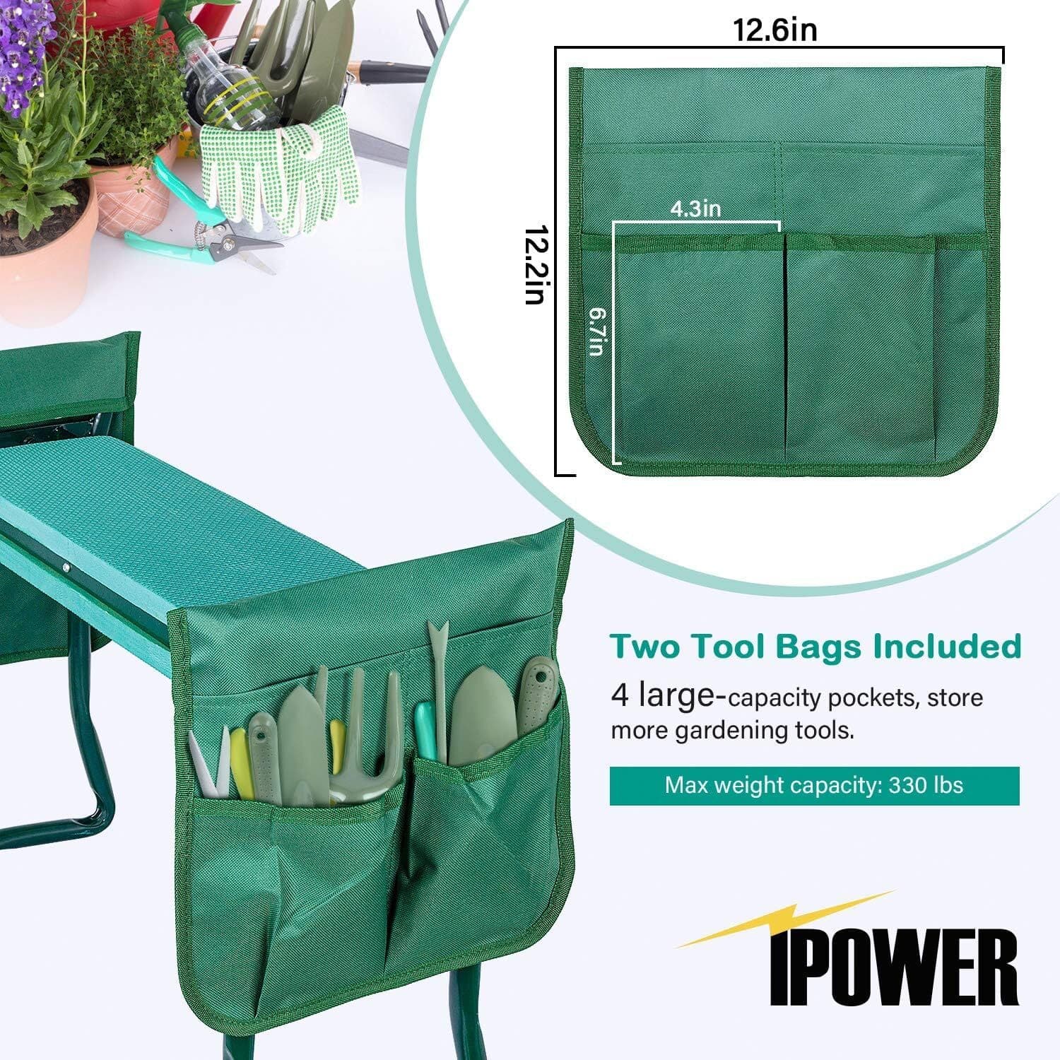 Garden Kneeler and Seat Foldable with 2 Tool Pouch for Gardening Fishing Green 5