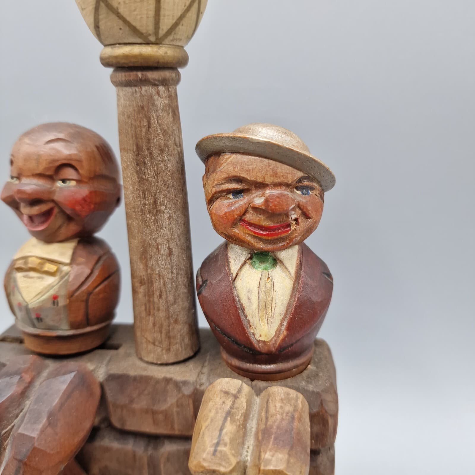 VTG Anri Hand Carved Wood Bar Set - Opener, Cork Screw, Cork - 2 Men & Lamp Post 3