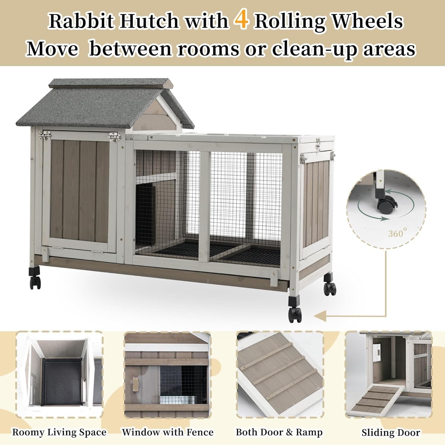 Petscosset 2 Story Outdoor Rabbit Hutch Wooden Bunny Cage Indoor House,Grey 5