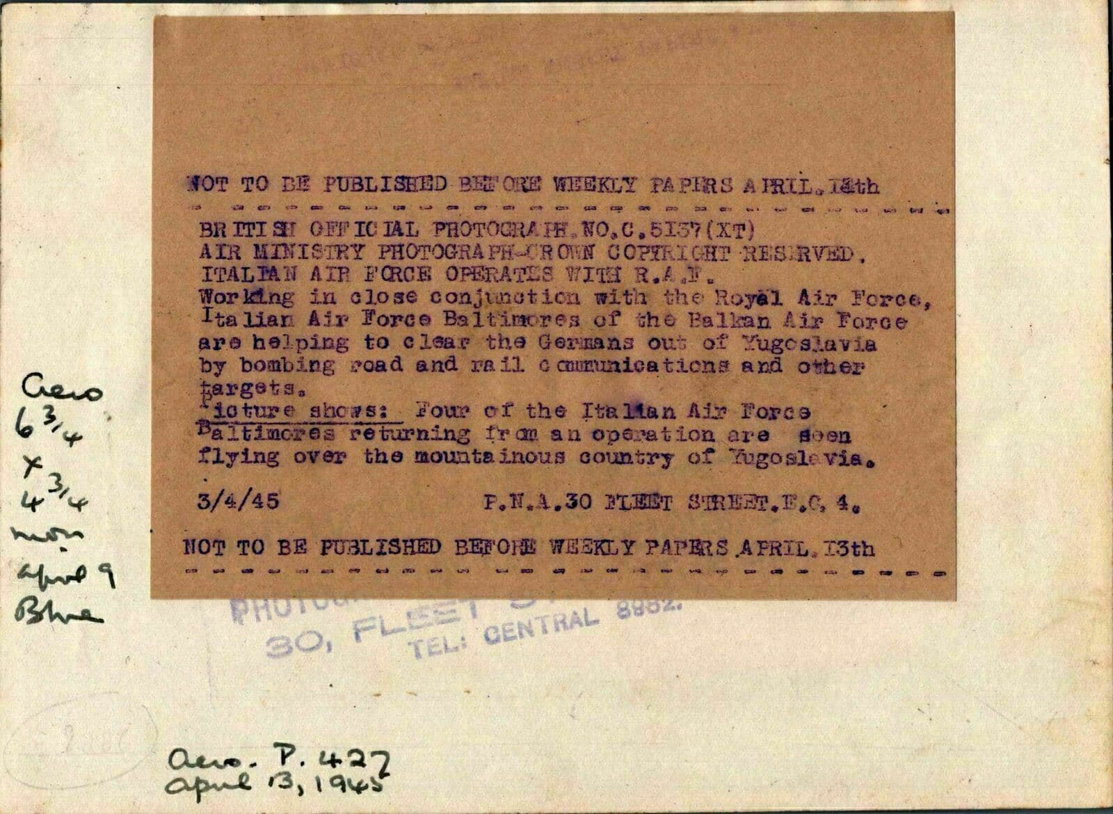 MARTIN 187 BALTIMORE ITALIAN AIR FORCE YUGOSLAVIA ORIGINAL WW2 1945 PRESS PHOTO 2