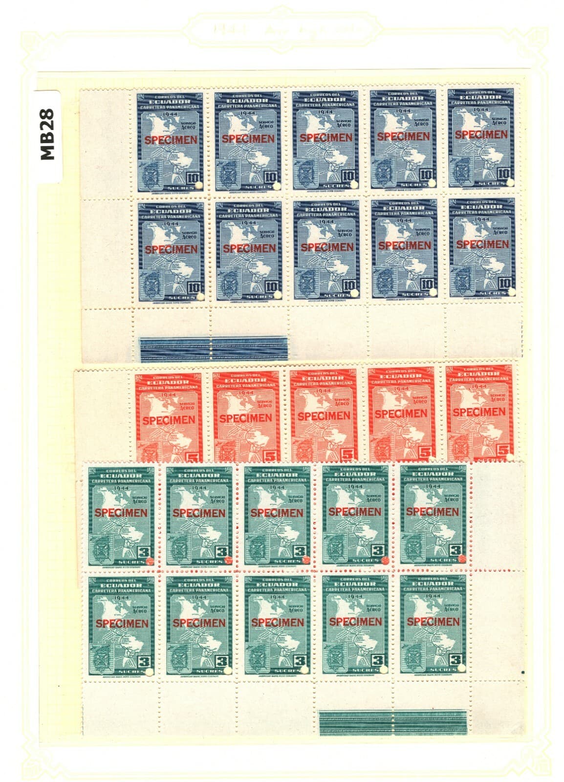 ECUADOR AIR MAIL Stamps{30} 1944 SPECIMEN 3s-10s High Values MAPS Blocks UM MB28 6