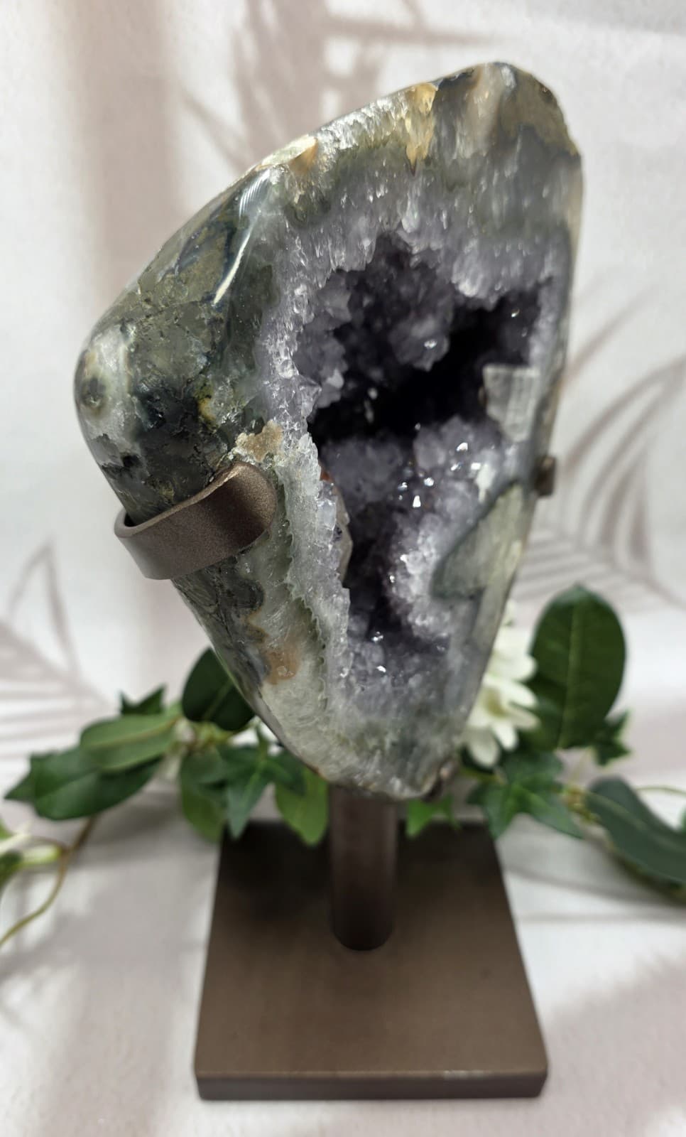 Amethyst with Calcite on Metal Stand, Uruguay Amethyst Cluster, Natural Crystal  3