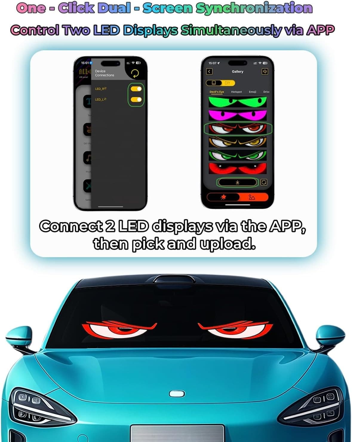 2PCS 3x7 Devil Eyes LED Car Lights Animated Windshield Sign App Control 3