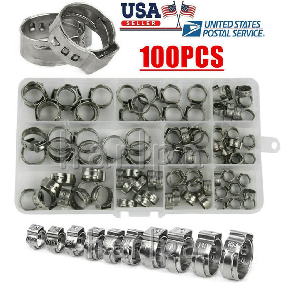 100pcs Assorted Hose Clamps Stainless Steel Ear Cinch Rings Crimp Pinch Kit