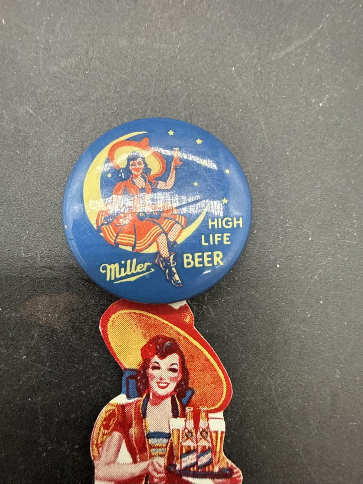 Vintage 1930’s Miller High Life Beer Pinback Button, Celluloid Hanger, Near Mint 2