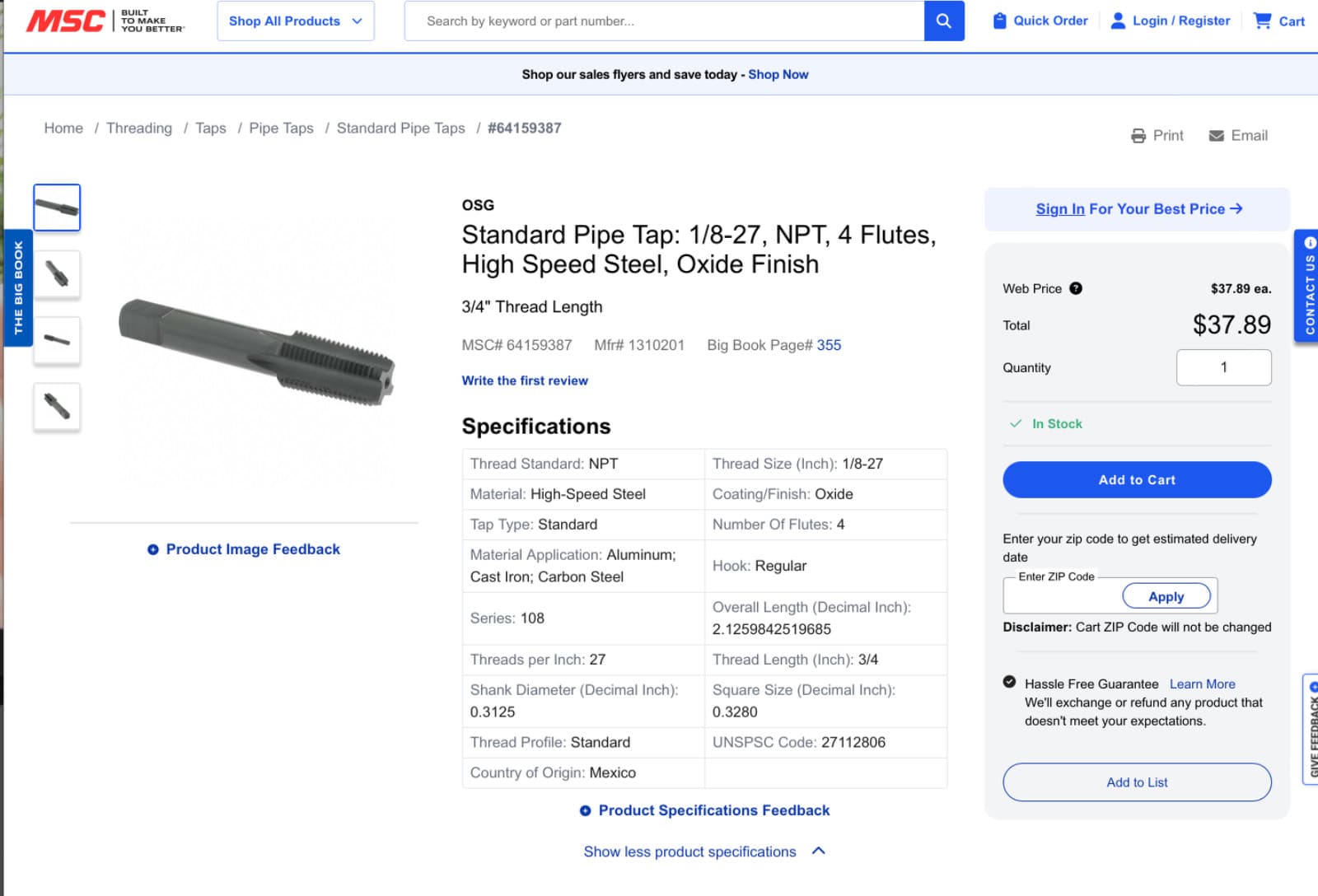 Osg 1310201 Pipe Tap, 1/8"-27, Taper, 4 Flutes, Npt 2