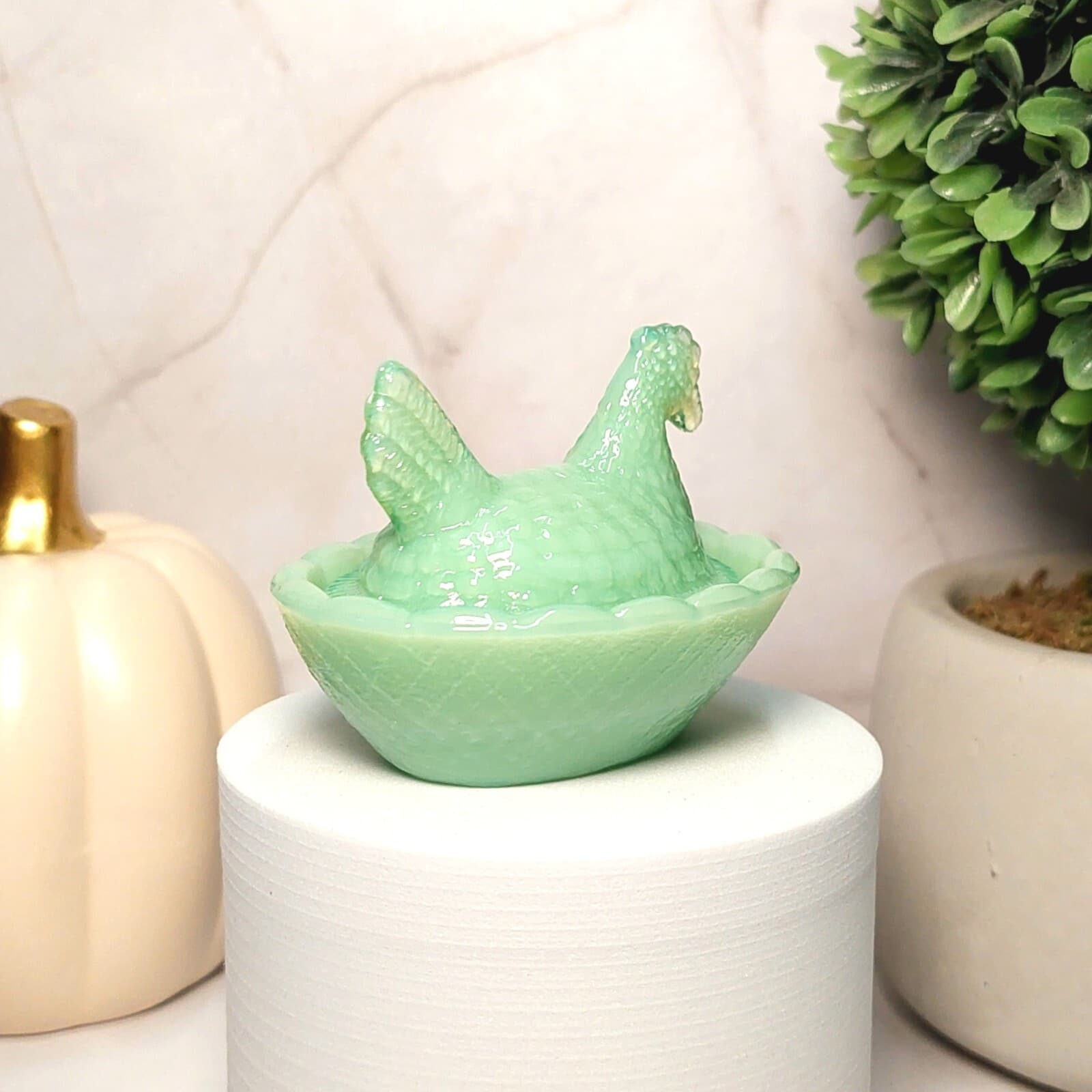 Vintage Hen On Nest Chicken Salt Cellar Dish, Jadeite Depression Style Glass 6