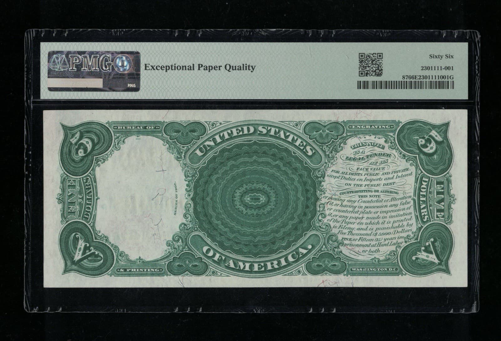 SC 1907 $5 Fr.87 Legal Tender Woodchopper Red Seal PMG 66 EPQ GEM Uncirculated 3
