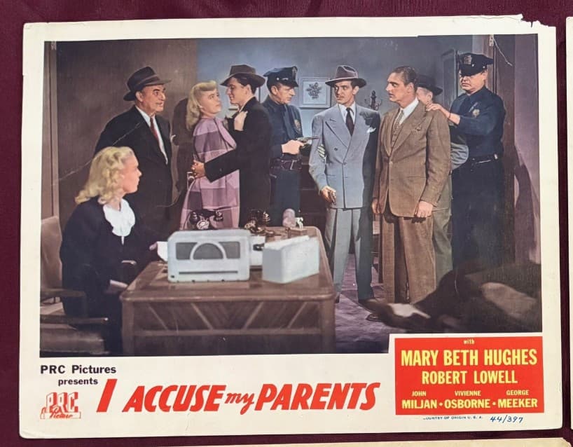 I ACCUSE MY PARENTS LOBBY CARDS (2) 1944 MARY BETH HUGHES ROBERT LOWELL 2