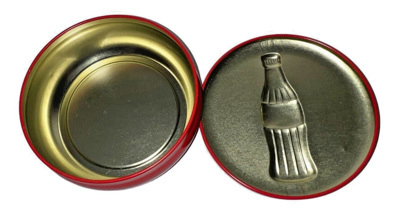 Coca-Cola Embossed Red Round Button Tin Container 1995 4