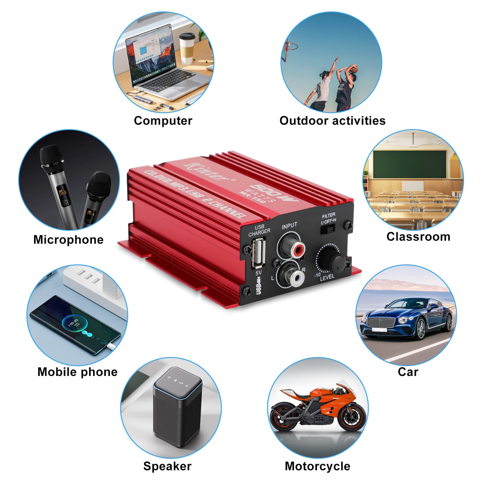 500W 12V 2 Channel Car Stereo Audio Power Amplifier HiFi Bass Amp Subwoofer Home 4