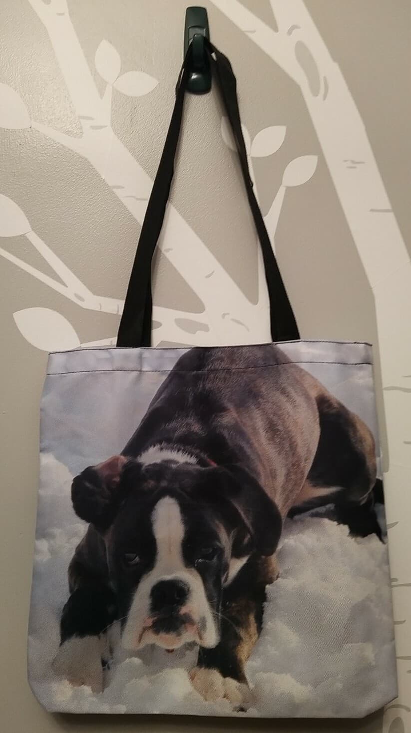 Tote Bag, American Bulldog puppy playing in the snow