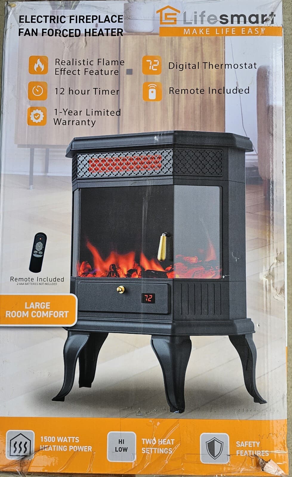Lifesmart Electric Fireplace Fan Forced Heater With Realistic Flame 1500 Watts 2