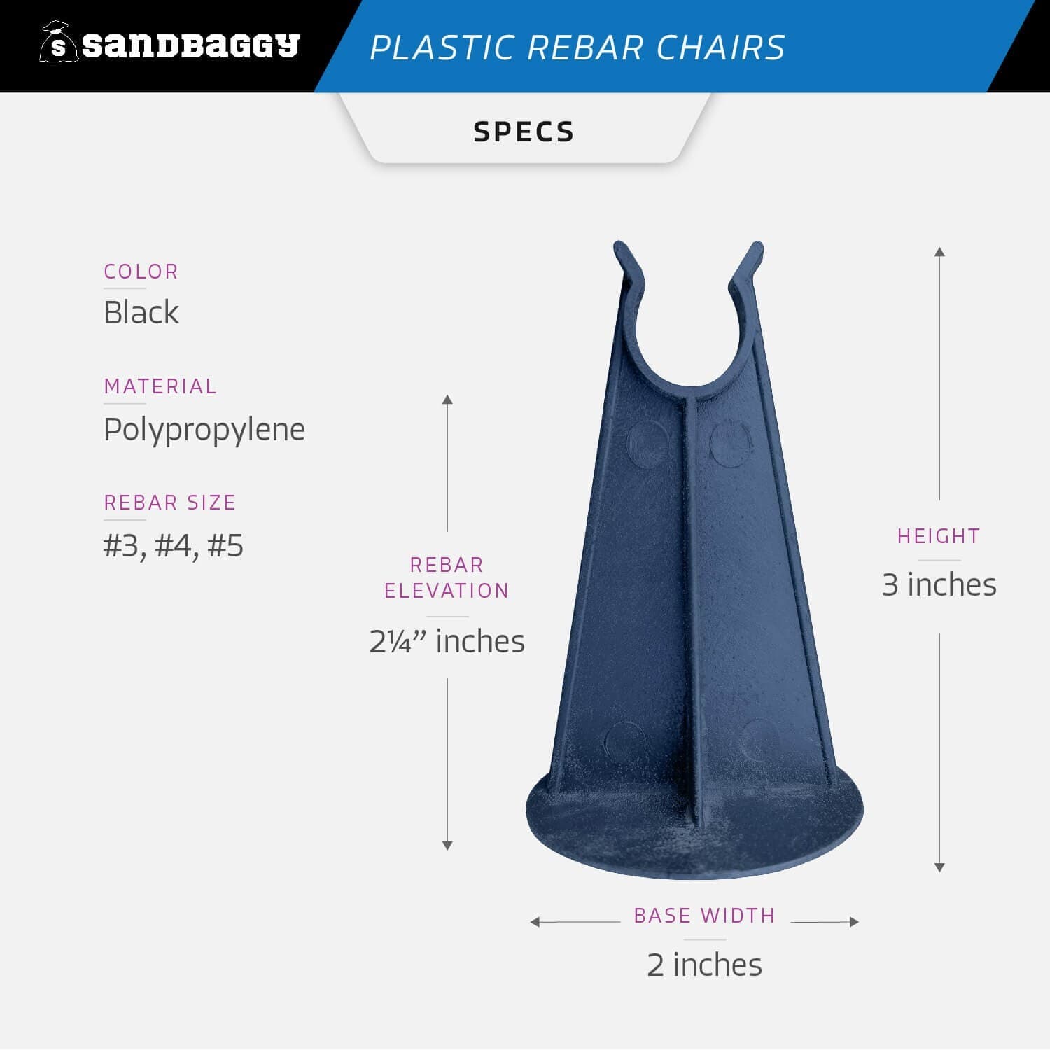 Sandbaggy 2-1/4 Inch Rebar Plastic Chair | Fits Rebar #3 to #5 | Heavy Duty 2