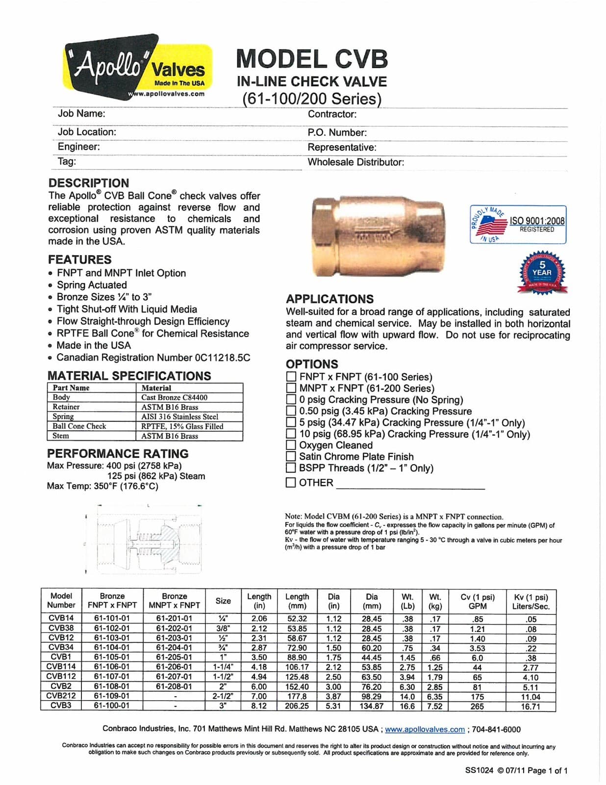 Apollo 3/4" Female NPT Bronze In-Line Ball Cone Check Valve 400 psi 61-104-01 3