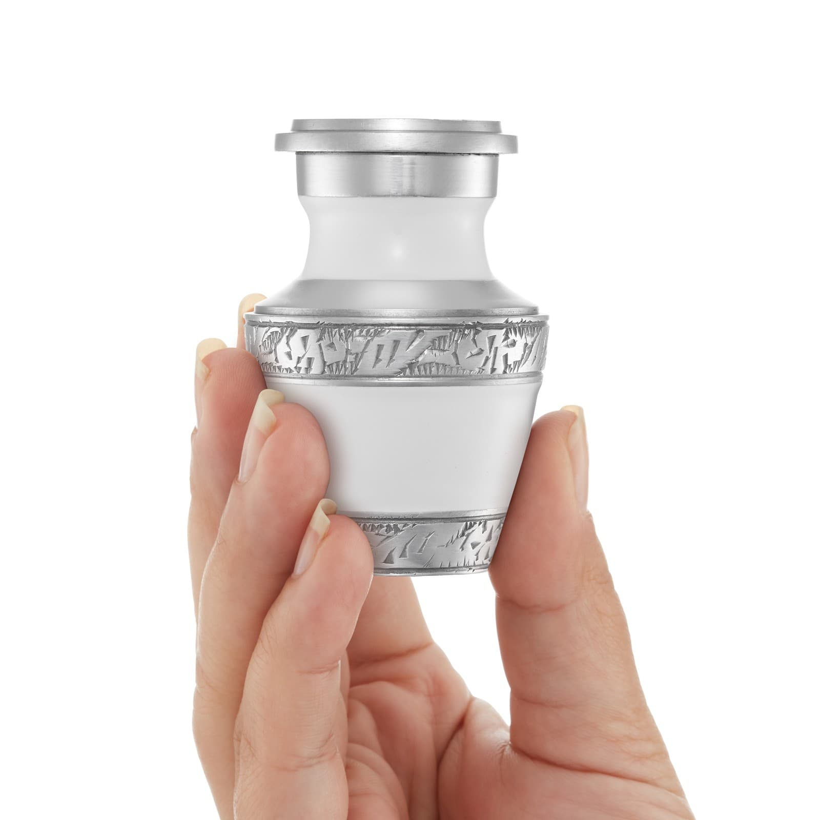 Keepsake Cremation Urn for Human Ashes, Silver and White Etched with Velvet Case 2