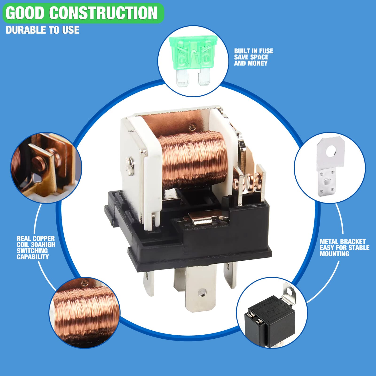 12V Fuse Switch Relay 6 Pack Harness Set 5 Pin Relays 16 AWG SPST Electrical 5