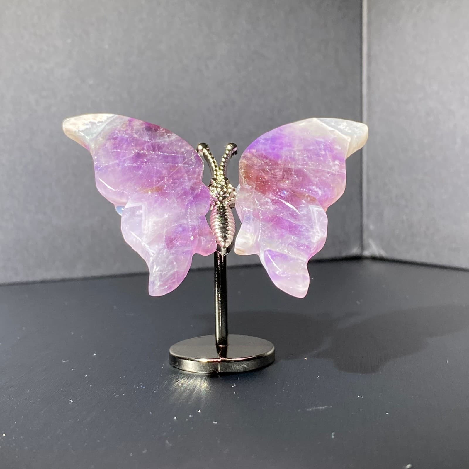 Natural Crystal Fluorite Butterfly Wings Healing Statue Decor + Stand 6