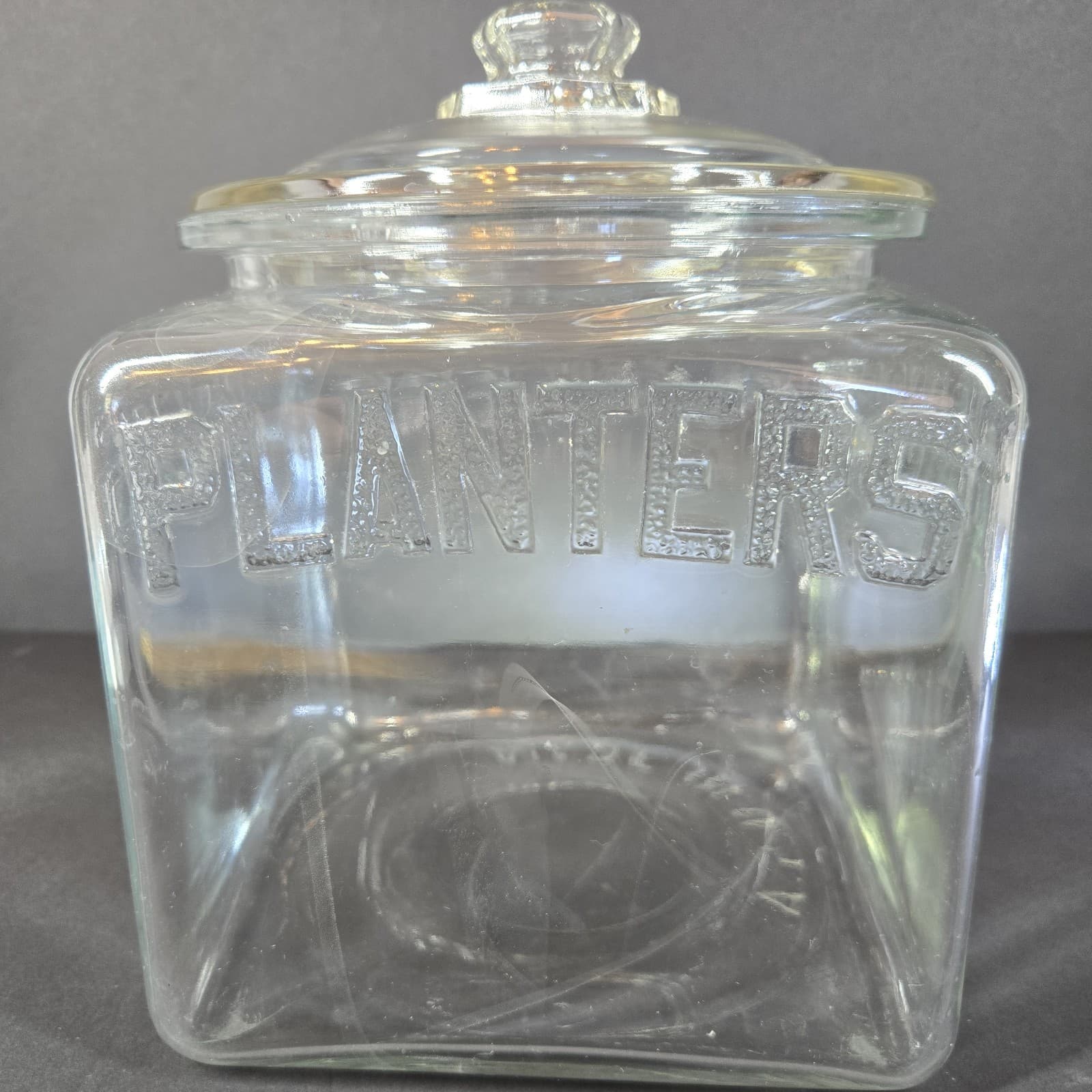 Vintage Planters Peanuts Square Embossed Glass Counter Jar knob Lid 1930s 3