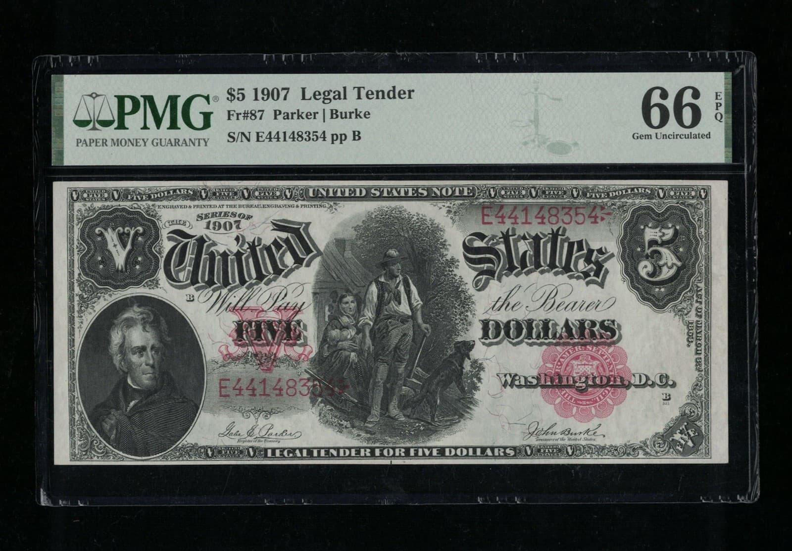 SC 1907 $5 Fr.87 Legal Tender Woodchopper Red Seal PMG 66 EPQ GEM Uncirculated 2