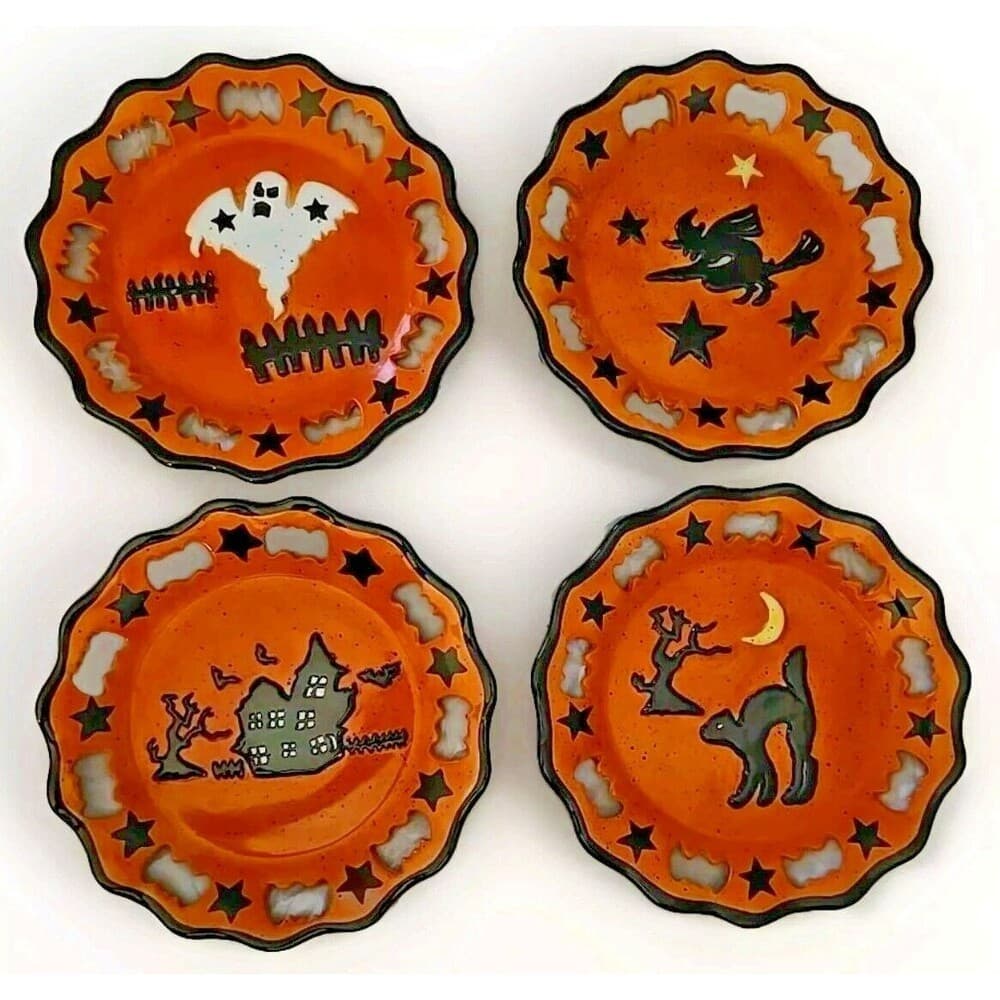 Garden Ridge Halloween 4 Plates Ghost Witch Haunted House Cat Moon Star Bat Rare