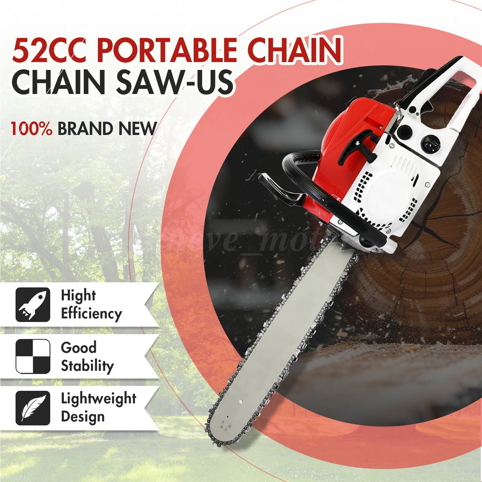 52CC 20" Gasoline Powered Chainsaw Wood Cutting Engine Gas Crankcase Chain Saw 4