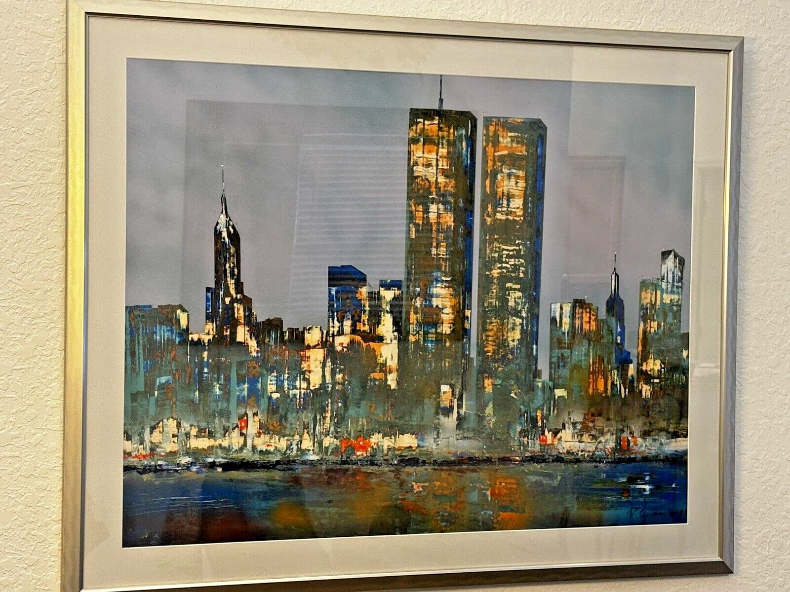 Vladimir Umansky Original Painting NYC Skyline Pre 9/11 WTC Twin Towers Signed
