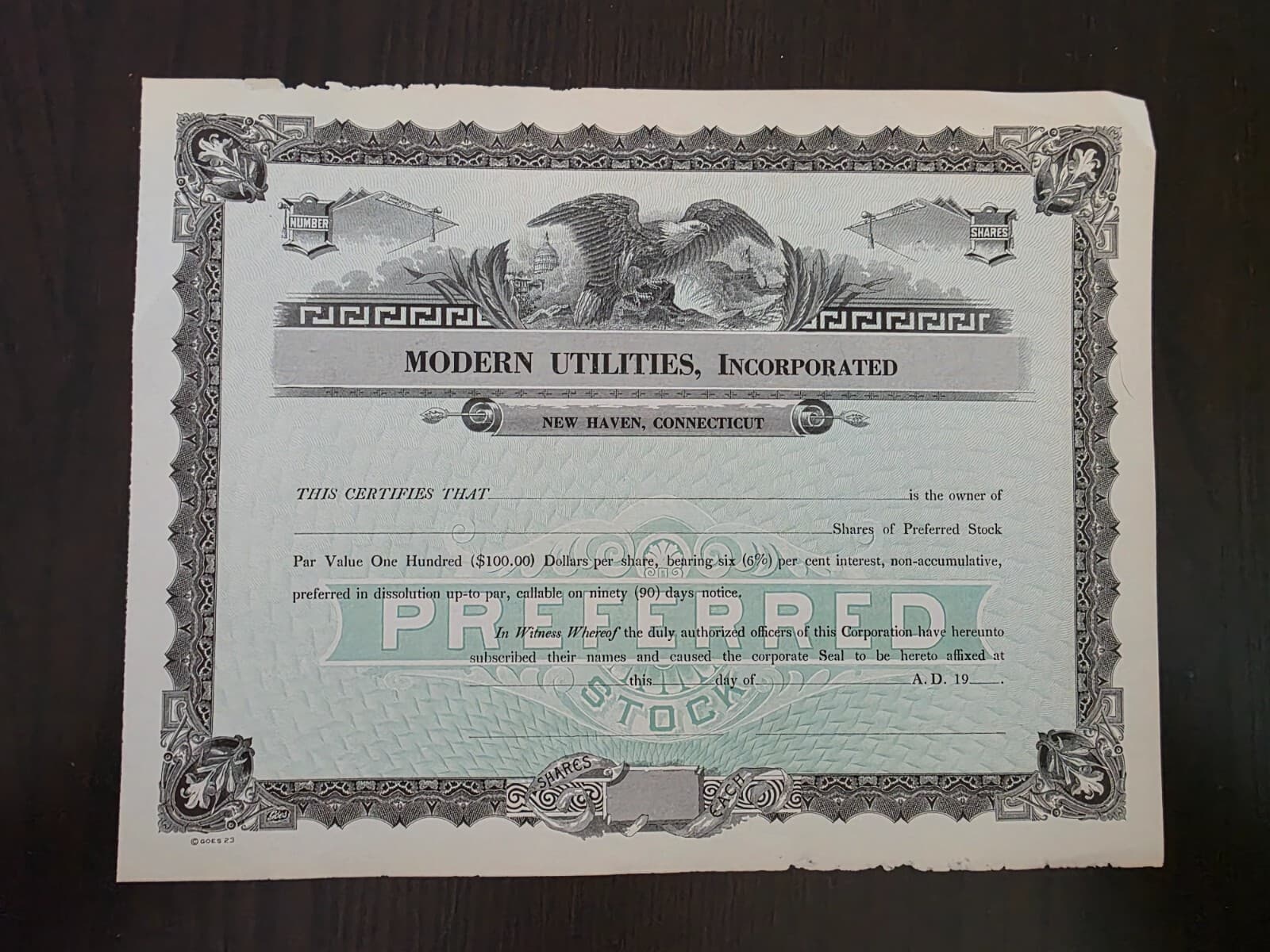 Modern Utilities Blank Stock Certificate 