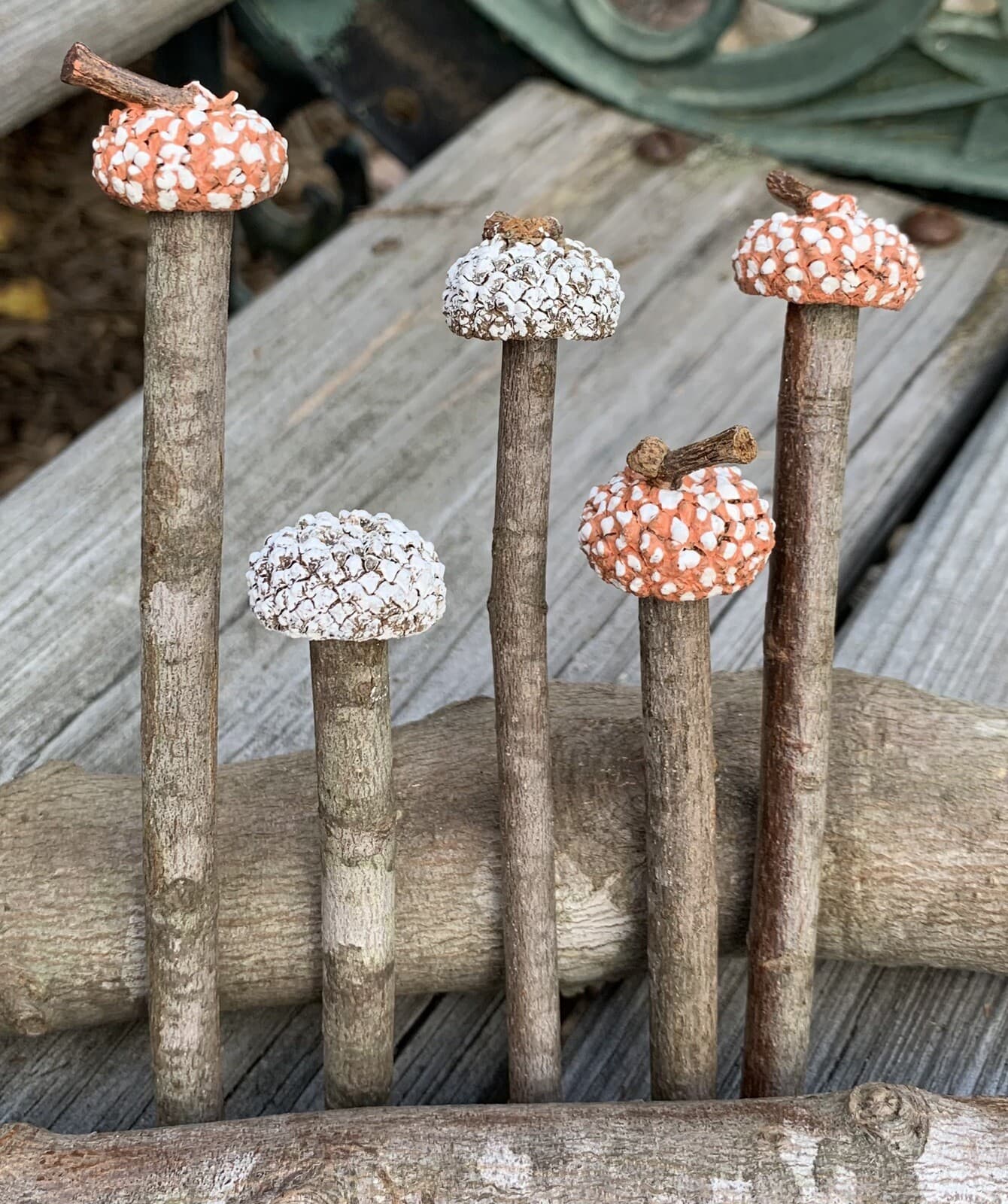 Whimsical Wood & Acorn Cap Mushroom Plant Picks Fairy Garden House Plants Decor 2