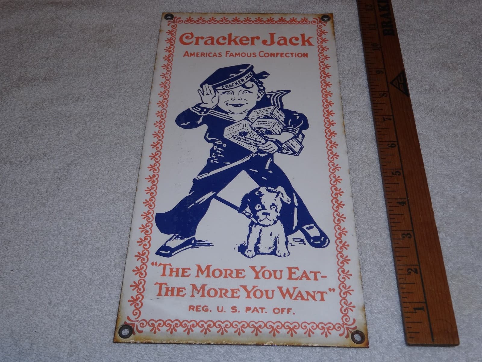 VINTAGE CRACKER JACK CANDY SAILOR & DOG  🐶  12" PORCELAIN METAL CONFECTION SIGN 6