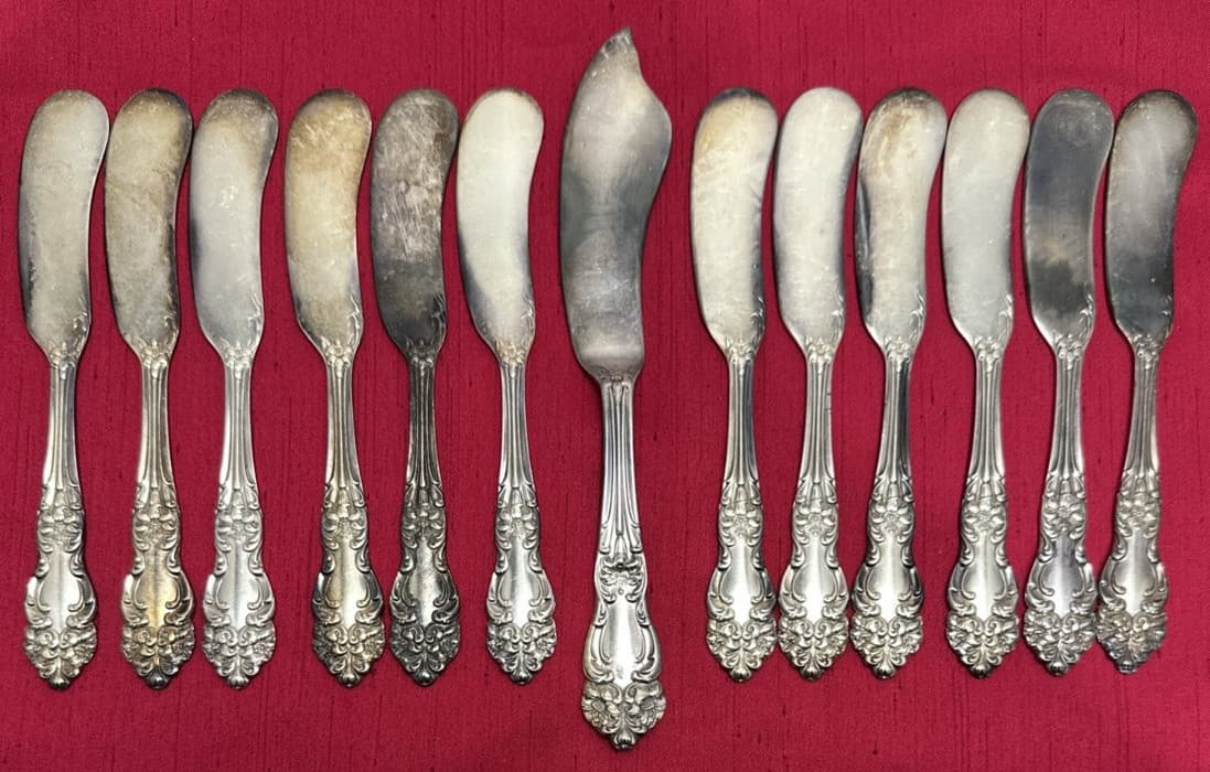 13 Pc TIGER LILY Silverplated  1 MASTER BUTTER &  12FLAT SPREADERS Reed & Barton 2
