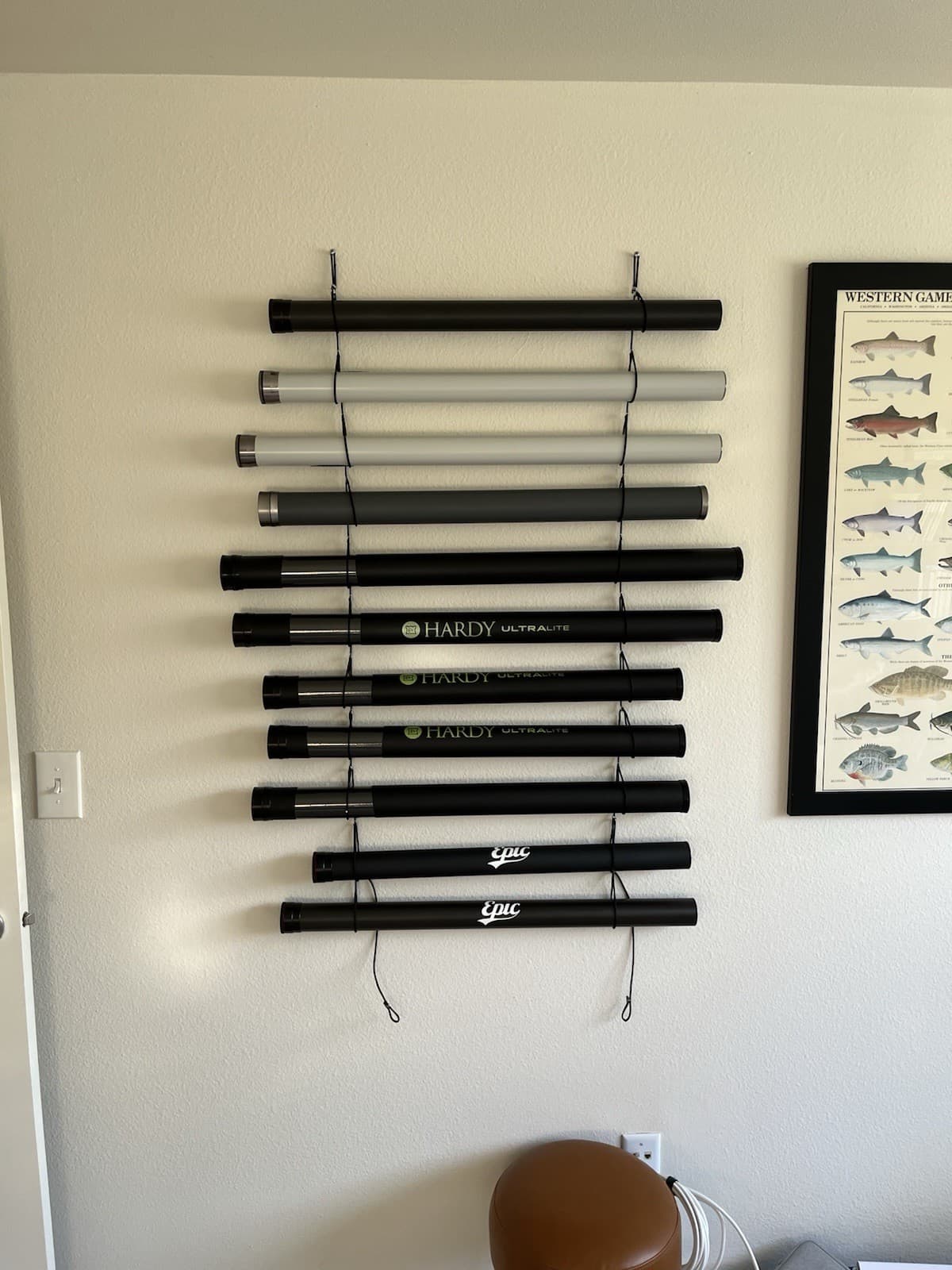 FLY ROD TUBE STORAGE RACK FOR WALL & CLOSET, PORTABLE, PACKABLE, ATTRACTIVE, NEW 2