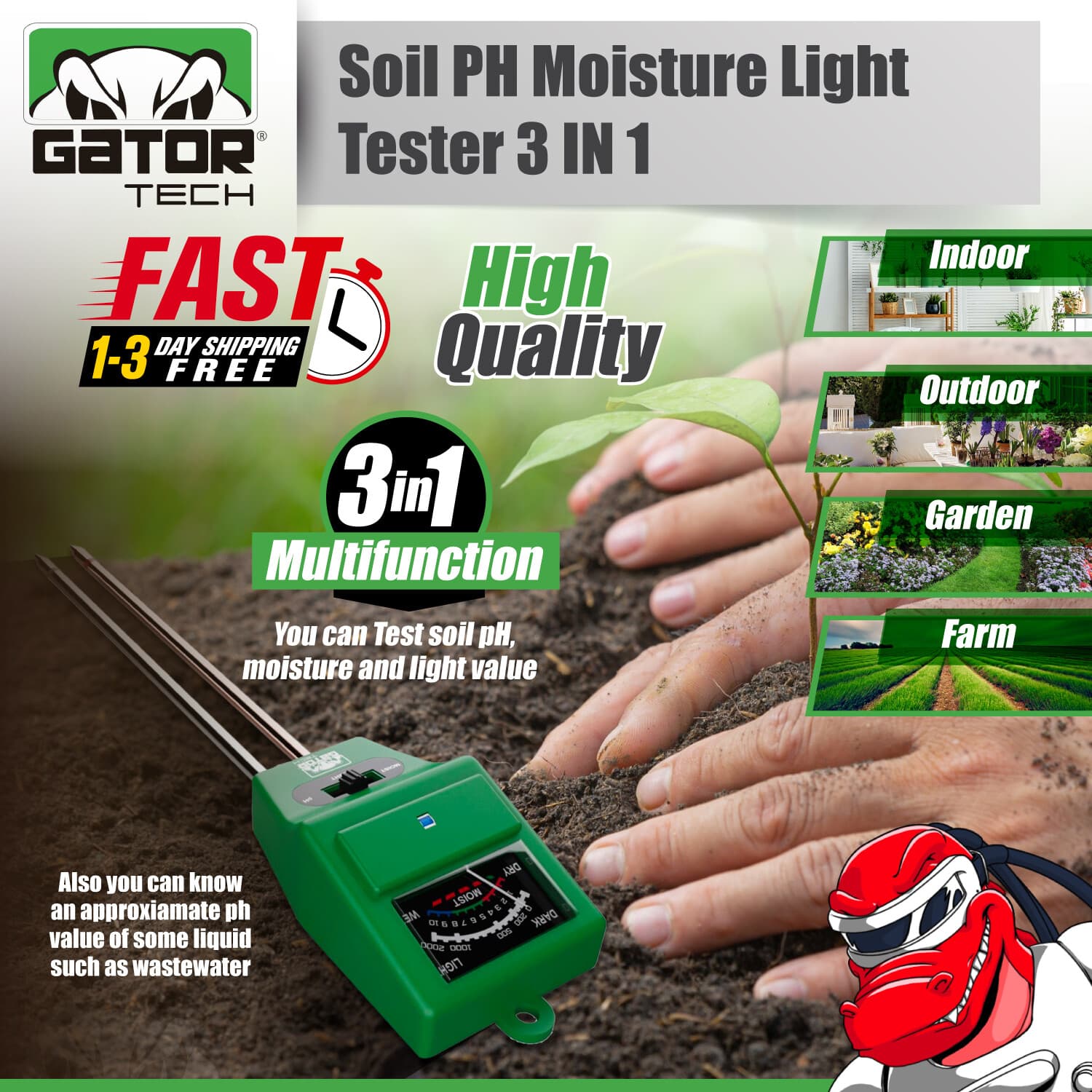 3-in-1 Soil pH Water Moisture Light Tester Meter For Plants Garden Seeding Grow 5