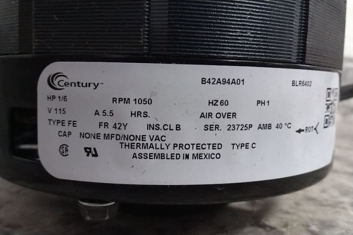 Century BLR6402 1/6 HP 1050 RPM 115V 5.05 A Direct Drive Blower Motor (CW) 2