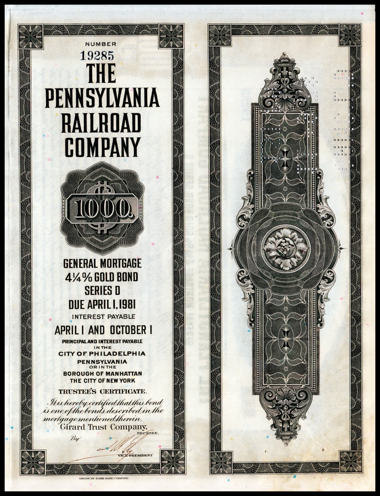 1931 Pennsylvania Railroad Great Depression Era $1000 50 Year Gold Coin Bond VG+ 2