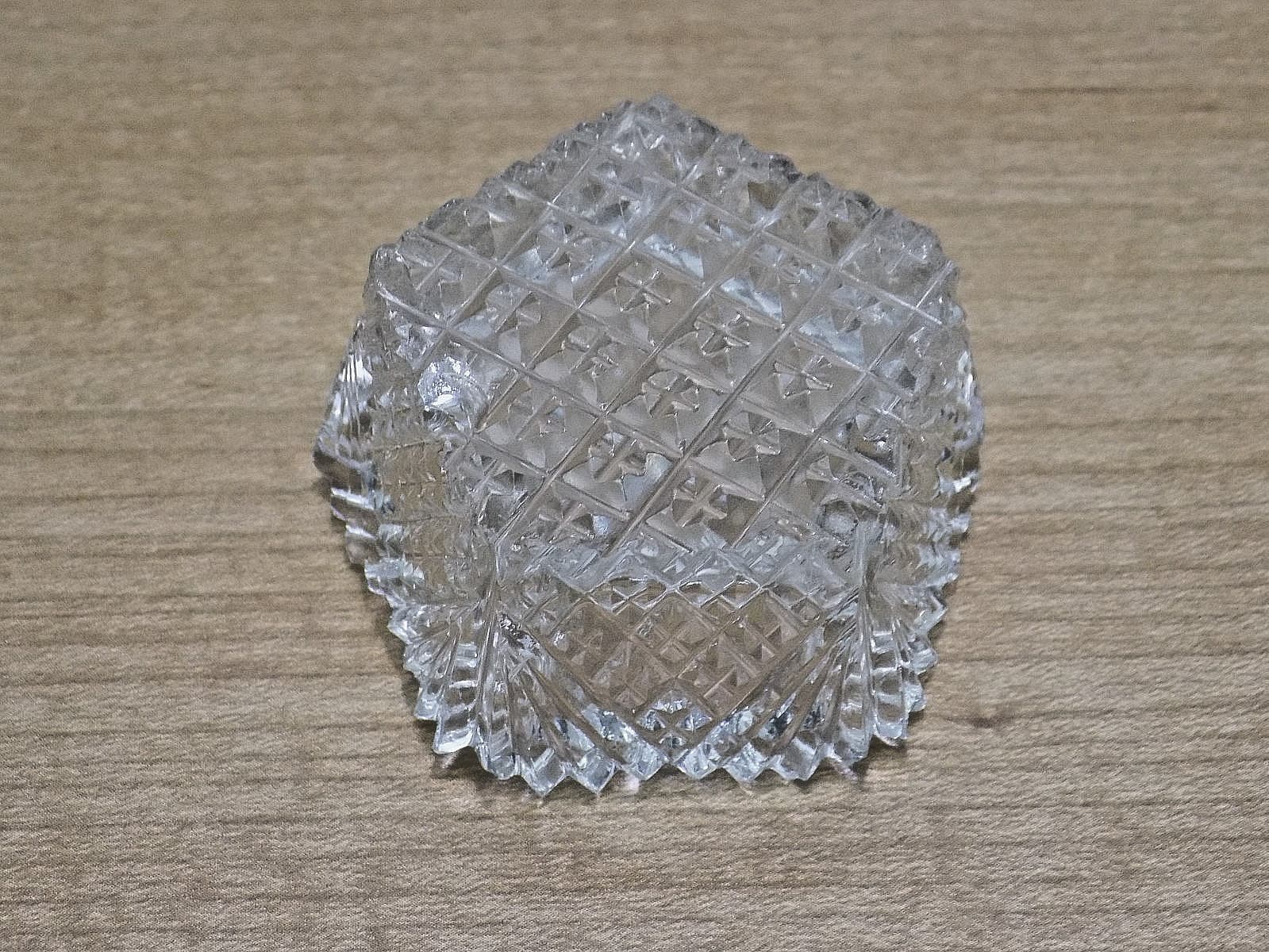 RARE PENTAGON CUT GLASS OPEN SALT CELLAR in DIAMOND & FAN PATTERN w/GRID BOTTOM 5